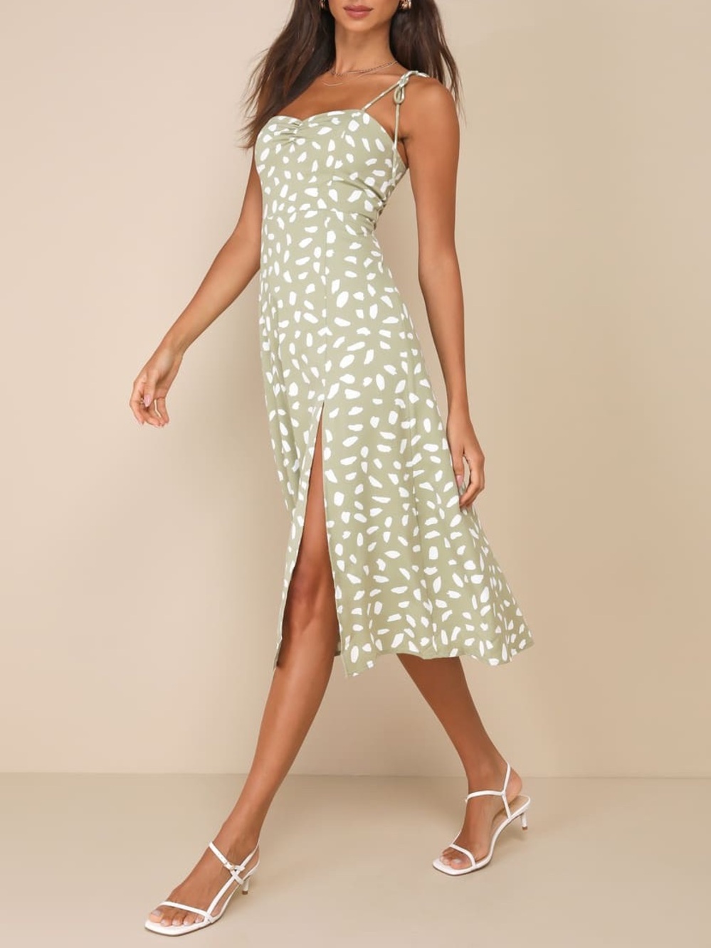 Lulus | Party in Paris Sage Green Print Tie-Strap Midi Dress - Picture 2 of 12